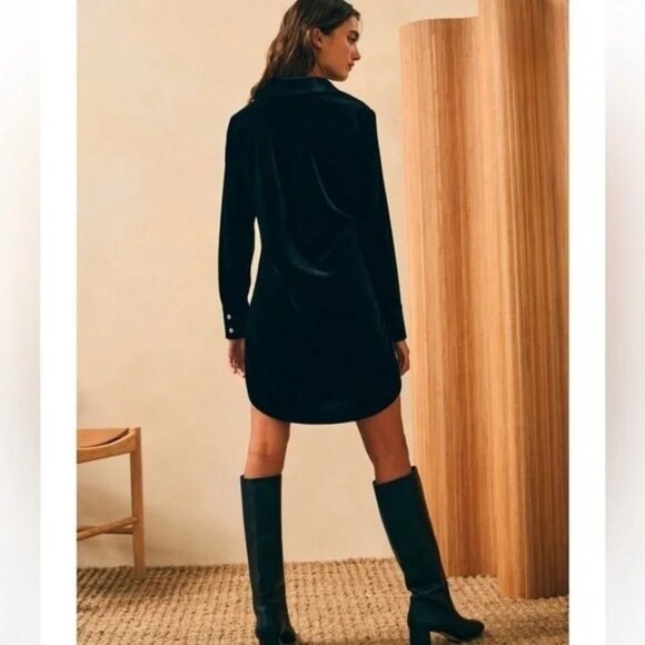 Faherty Stretch Silk Velvet Genevieve Shirt Dress Black Size SMALL S - Picture 3 of 12